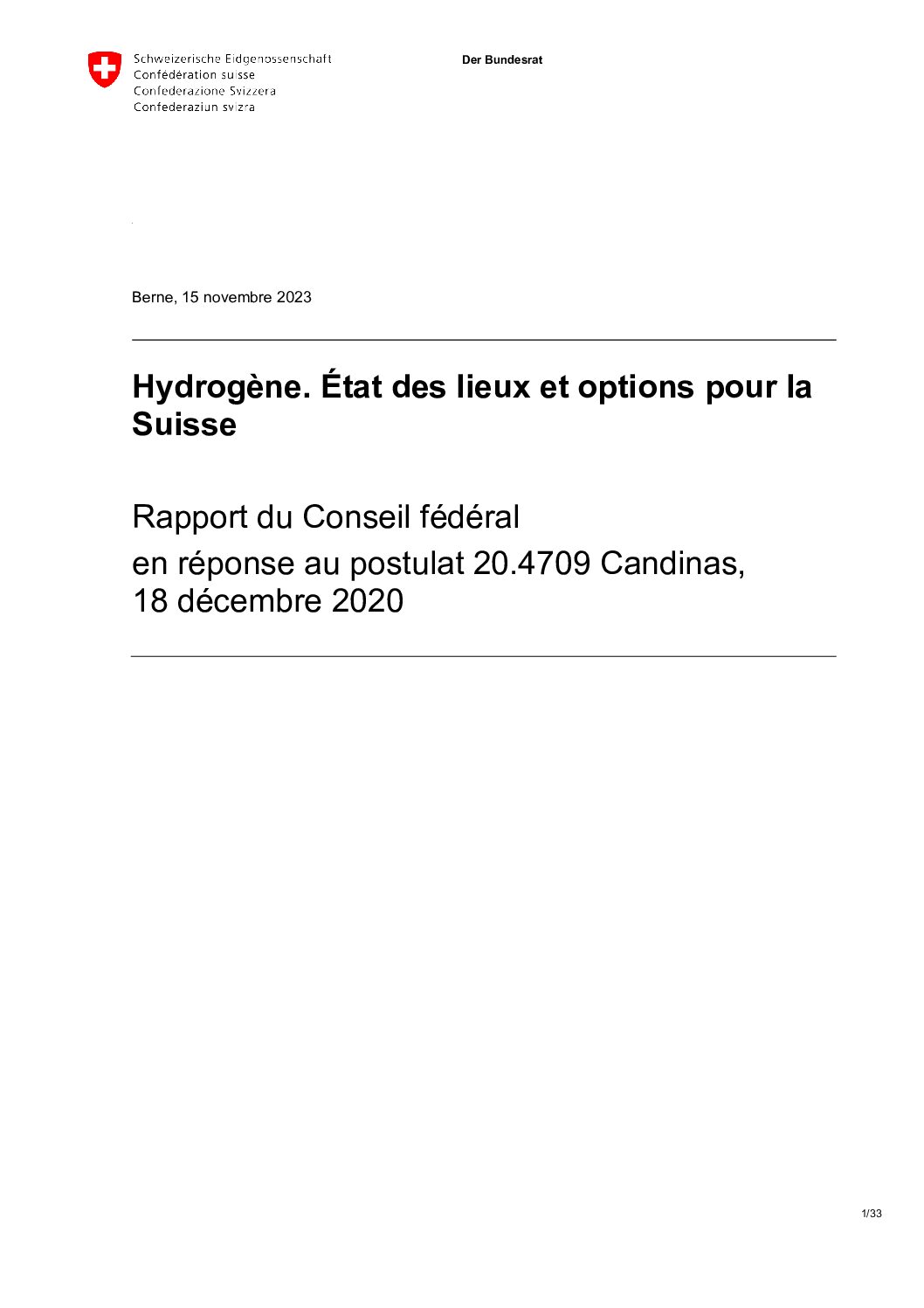 Le Conseil fédéral présente un rapport sur le rôle que jouera l’hydrogène à l’avenir en Suisse